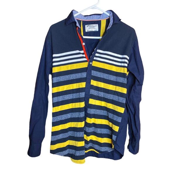 HOLK Navy Yellow Corduroy Stripe Button Down Scandinavian Large - Picture 1 of 7